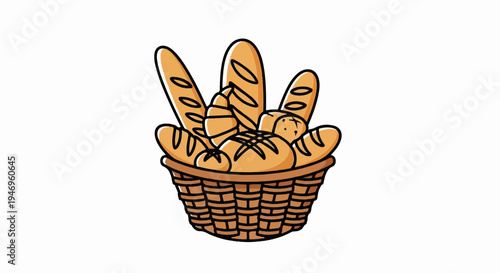 Illustration of a brown woven basket overflowing with an assortment of freshly baked bread, baguettes, and a croissant