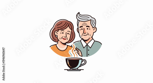Illustration of an elderly couple smiling above a steaming cup of coffee or tea, symbolizing warmth and comfort
