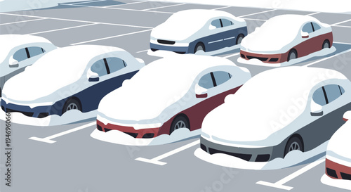 A winter scene depicting a parking lot filled with several cars completely covered in fresh white snow