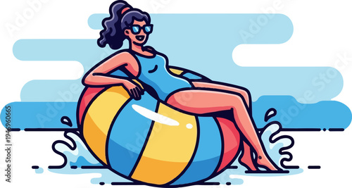 An illustrated woman in a swimsuit enjoying a float on a colorful beach ball in the water