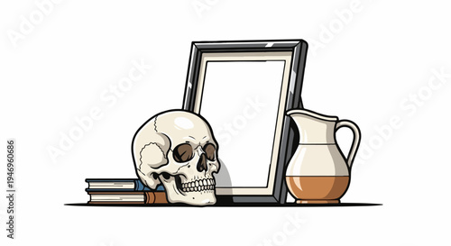 A skull on books next to an empty picture frame and a pitcher filled with a brown liquid