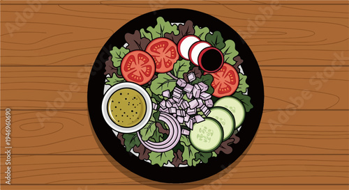 Overhead view of a colorful fresh salad with dressing in a black bowl on a rustic wooden table illustration