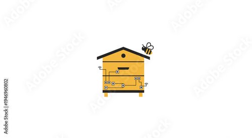 Beehive on legs with bees flying.