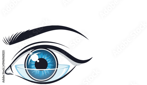 A stylized blue eye featuring a clear, sparkling contact lens, surrounded by dark eyelashes and an eyebrow