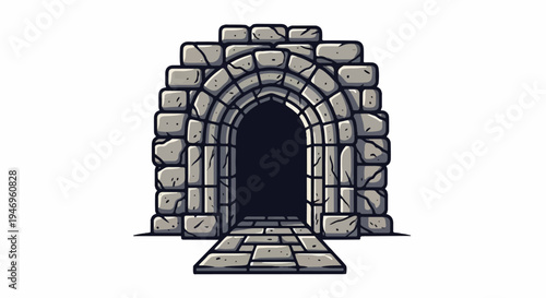 A pixelated illustration of a stone archway, forming a dark entrance with a tiled path leading inside