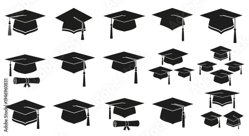 Graduation Caps and Diplomas Icons Set - Education, Achievement, and Success Symbols