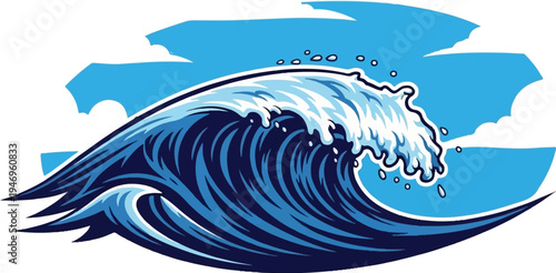 A stylized blue and white ocean wave crashes against a light blue background with cloud shapes