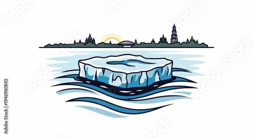 Illustration of a floating ice floe in water with a detailed city skyline and sunset in the background