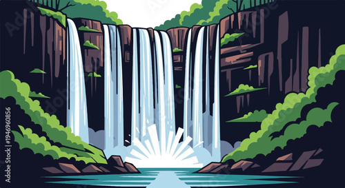 A vibrant pixel art illustration depicts multiple waterfalls cascading down steep cliffs into a serene pool