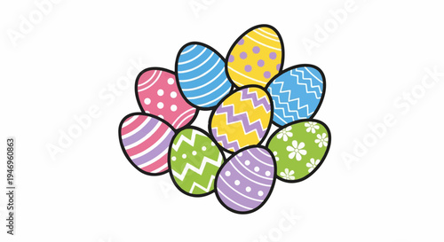 A charming illustration of nine brightly colored and patterned Easter eggs clustered together on a white background