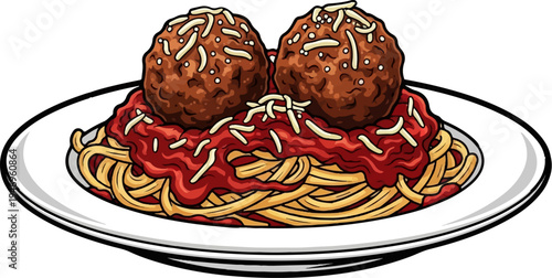 An appetizing pixel art plate of spaghetti topped with two meatballs, rich tomato sauce, and grated cheese