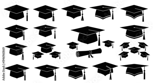 Graduation Caps and Scroll Collection: Academic Achievement Icons