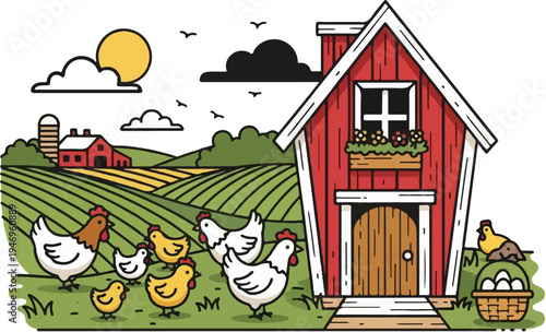 An idyllic cartoon farm scene with a red chicken coop, barn, rolling fields, and chickens