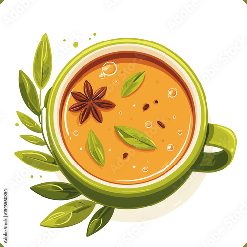 Vector illustration of traditional Indian masala chai tea in a blue cup with star anise, cinnamon, and cardamom isolated on a white background