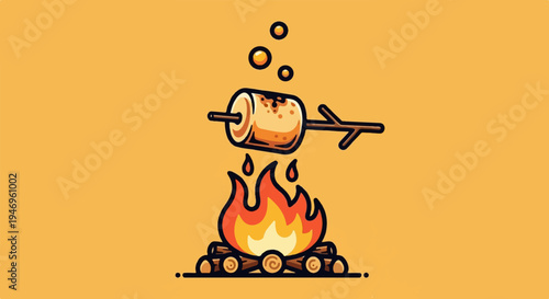 Toasted marshmallow on a stick above a cozy campfire with warm flames on an orange background