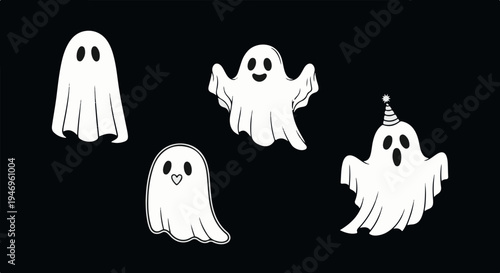 A collection of four cute white cartoon ghosts with various expressions and one party hat on a black background