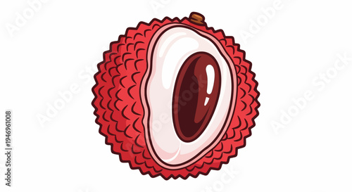 A cartoon-style, vibrant red lychee fruit, peeled to reveal its translucent white flesh and dark seed