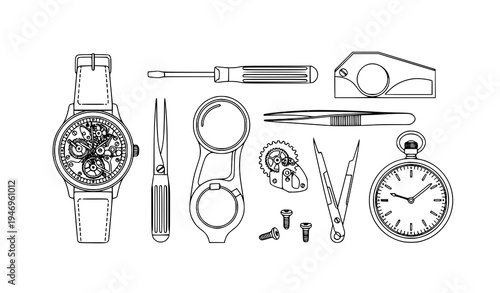 Watchmaking and clock repair tools outline vector set with wristwatch gears and loupe