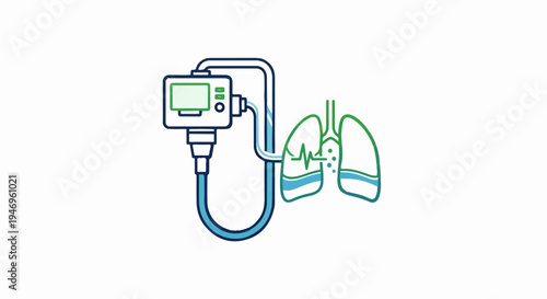 Illustration of a medical ventilator connected to human lungs, depicting respiratory support and health monitoring