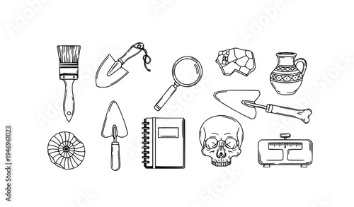 Archaeology excavation tools and ancient artifacts outline vector set isolated on white
