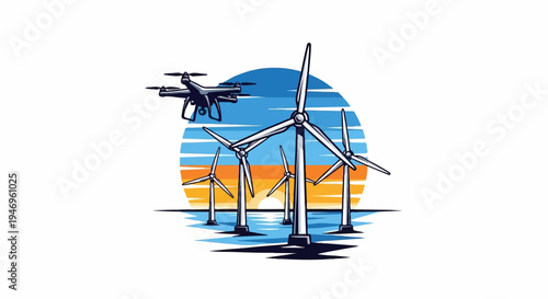 Illustration of a drone monitoring an offshore wind farm with a striped sun setting over the water