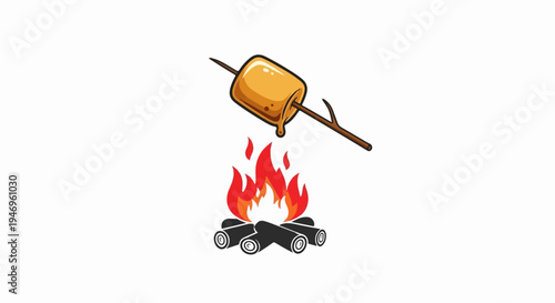 The image shows a toasted marshmallow on a stick, melting over a warm campfire illustration