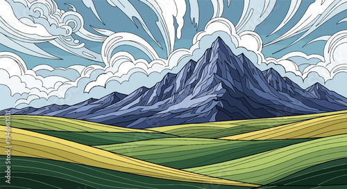 Vibrant, stylized landscape rolling green/yellow fields, towering blue mountains, dramatic clouds under a clear sky