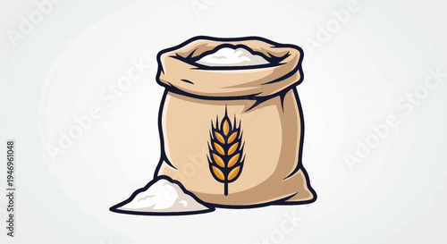 An illustration of a rustic burlap sack full of white flour with a wheat symbol, beside a small pile of powder