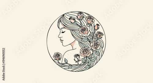 Elegant profile of a woman with long flowing hair adorned with pink roses, framed in a minimalist circle