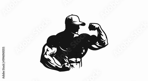 Black and white illustration of a strong, muscular man in a baseball cap flexing his bicep