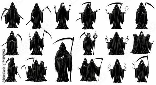 Grim Reaper Collection: Diverse Pixel Art Poses of Death with Scythe