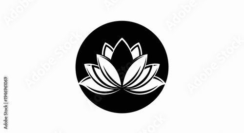 A stylized white lotus flower design centered within a black circle on a stark white background