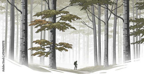 A solitary hiker with a backpack walks through a dense, misty forest of tall trees with sparse leaves