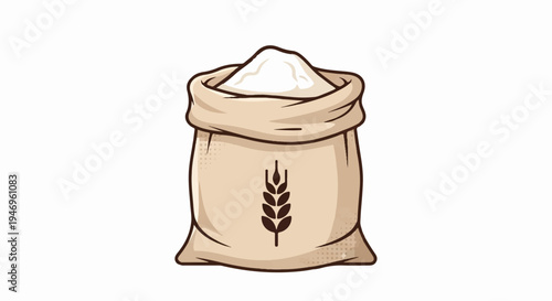 A cartoon-style burlap sack overflowing with white flour, featuring a prominent dark wheat symbol