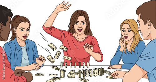 Group of diverse friends playing dominoes, one accidentally knocks them over, causing surprised reactions