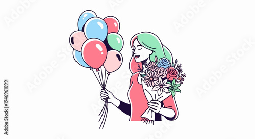 A happy woman with mint green hair holds a colorful bouquet of flowers and a bunch of balloons