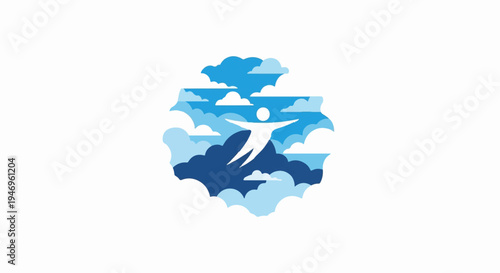 A stylized white human figure soaring upwards amidst various shades of blue and white clouds, symbolizing freedom