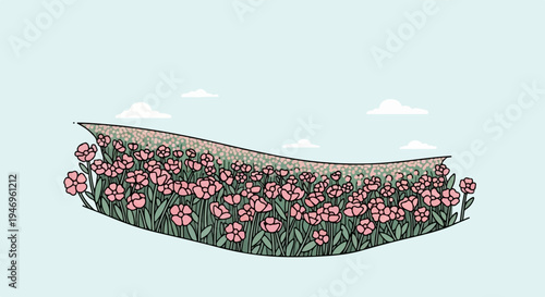 A delightful illustration featuring a curved field of numerous pink flowers under a light blue sky with white clouds