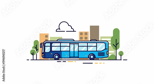 A flat design illustration of a blue city bus driving past buildings and trees under a cloudy sky