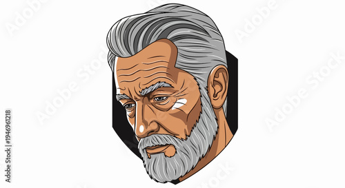 Stylized illustration of an older man with gray hair and beard, looking downward, a determined expression