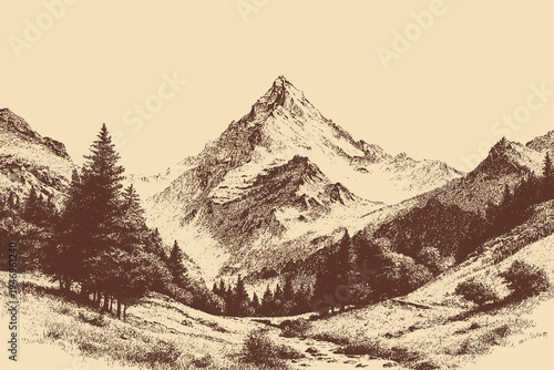 Alps landscape illustration in a vintage style. This vector illustration can be used in any size you like for advertising, logos, and other work.
