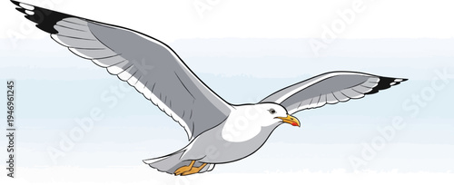 A cartoon-style seagull soars gracefully with outstretched wings against a light blue, slightly textured sky