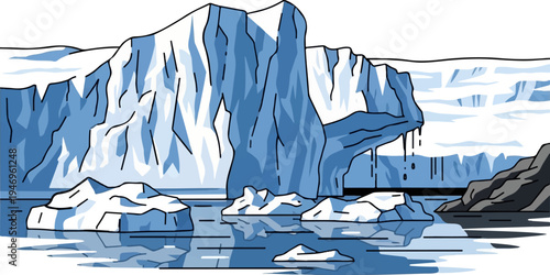 Flat design illustration of a cold glacial scene featuring large icebergs and smaller floes in icy water