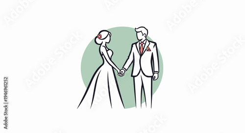 Stylized illustration of a bride and groom holding hands, standing against a sage green circle