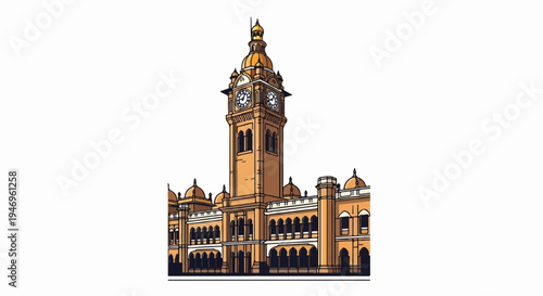 A cartoonish illustration of a grand historic building featuring a central clock tower and domed structures