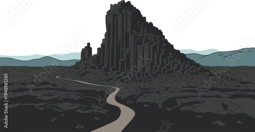 Pixel art landscape a winding path leads to a colossal basalt column mountain amidst dark, rocky terrain