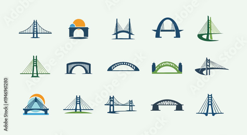 A grid display of various stylized bridge designs in blue, green, and orange hues, showcasing diverse architectural forms