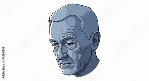 Stylized illustration of an older man's head with a pensive expression, depicted in blue-grey tones