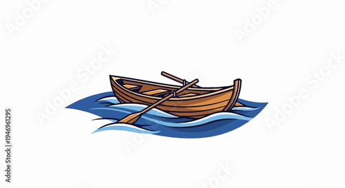 Cartoon style wooden rowboat with oars floating on blue waves, isolated on a white background