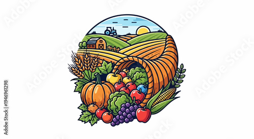 Vibrant illustration of a bountiful cornucopia overflowing with fruits and vegetables, set against a rural farm landscape